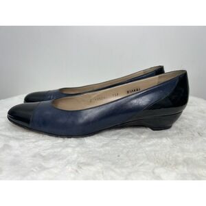 Salvatore Ferragamo Shoes Women's Navy Blue Leather Patent Cap‎ Toe Wedge 8.5